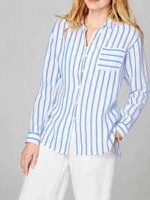 J.Jill  100% Linen Striped Button Down Long Sleeve Shirt Blue White XS