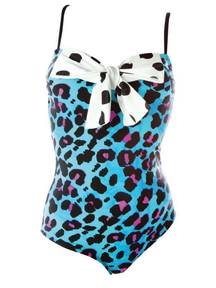 Iron Fist Blue leopard cheetah bow XS Swimsuit bathing suit swimwear one piece