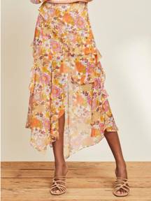 Eleanora Silk Tiered Ruffle Asymmetric Midi Skirt Garden Floral