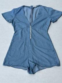 Women’s Premium Collection Denim Chambray Blue Romper V Neck Small