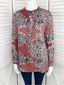 Ellen Tracy Multi Print Ruffle Front Blouse Small Red Black 3/4 Button