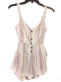 Angel Kiss Linen Blend Striped Tie Cutout Back Romper Blue Green Small