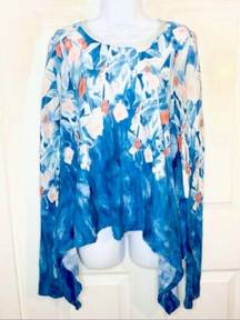 Anthropologie  Meadow Rue Floral Watercolor Linen Top Scarf Hem Blue Orange S