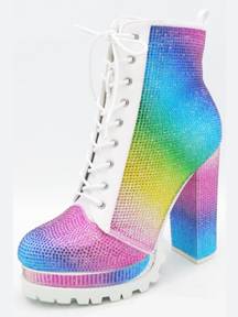 White Rainbow Rhinestone Chunky Heel Combat Boots