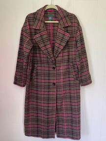 Wild Fable Brown Pink Plaid Wool Blend Long Single Breasted Coat ~ Size S