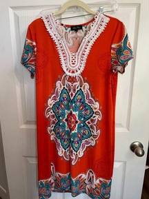 WOMEN MELISSA PAGE MULTICOLOR PATTERN DRESS SZ Medium Boho resort embroidered