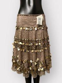 Basil & Maude NEW Y2k Artisan Midi Skirt Bali Womens sz 6 Paillettes Gold Silver