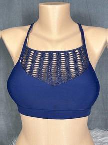 New Uniquely Lorna Jane Bikini Top Size Small Padded Navy Blue Crochet Smiley