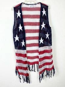 Red White & Blue Patriotic USA Flag Fringe Sleeveless Cardigan Sz XL