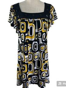 Yellow Black Geometric Print Square Neck Mini Dress Women’s Size Medium