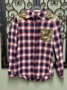 E2 Clothing long sleeve glitter plaid Top