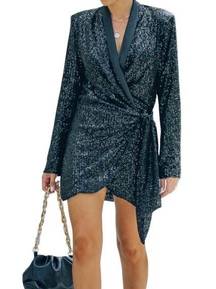 Sequin True Wrap Waist Tie Mini Dress Relaxed V-Neck  Lined Stretch Womens SizeS