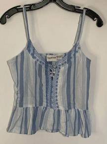 Raya Sun Women's Crop Top Striped Peplum Lace Front Cotton Blue White Size Large