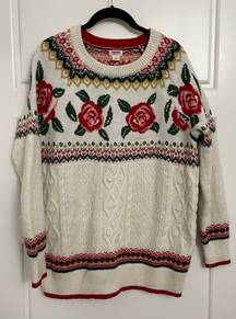 Oversized Winter Sweater With Red Flowers