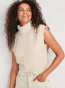 Old Navy Womens Sweater Sz S Bone Cropped Cableknit Turtleneck Sleeveless NEW