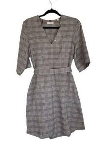 BILLY REID Gray Plaid Dress Cotton Size Small V Neck with Sash Academia