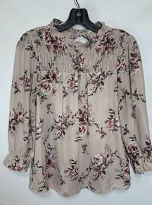 Daily Special Women's Cinched Long Sleeves Floral Tan Blouse Size M