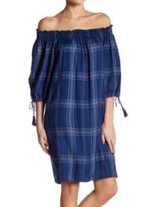 Off the Shoulder Plaid Shift Dress M