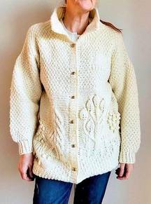 Handmade Vintage Handknit Cream Cardigan Sweater Collared Button up Oversized Wool