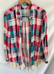 Umgee Plaid Crochet Bottom Button Up Shirt Size Medium