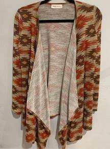 Aztec Cardigan Sweater- Lovecrazy -Red/Yellow Print Long Sleeve Poly EUC Large