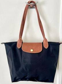 Longchamp Le Pliage Medium Nylon Shopping Tote Bag Black Brown Leather Trim