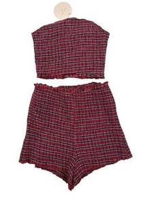 Wild Honey - High Waist Shirred Check Shorts and Strapless Check Crop Top in Red