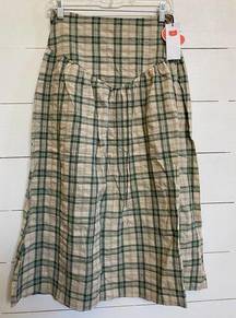 CIDER Vintage Check Pleated Picnic Maxi Skirt Cream/Green SZ S NWT