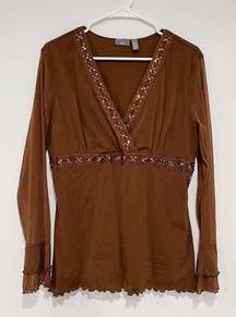 Apt. 9  Women's Brown Mesh Lined Stretch Long Sleeve V-neck Top Size XL