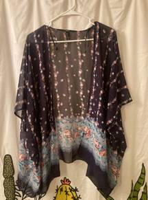 Forever 21 Navy Blue Pink Teal White Floral Pattern Flowy Short Sleeve Cardigan