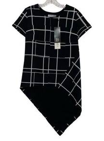 Askari Arden Windowpane Asymmetrical Top Black Short Sleeve Top Tunic | M