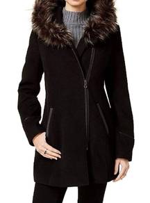 Black Faux-Fur-Trim Hooded Coat