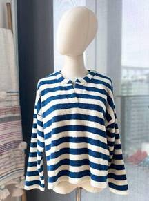 Madewell  MWL Blue White Striped Loop Terry Notched Sweatshirt Women’s Size Small