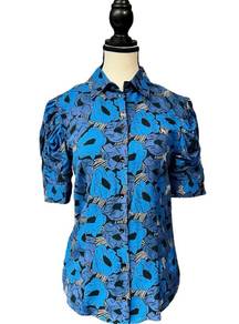 Yves Saint Laurent Blue Tropical Print Puff Sleeve Blouse - Resort 2012