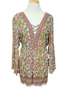 Angie  Boho Mixed Floral Print Bell Sleeve Romper Green Pink M