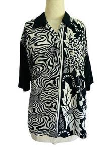 VTG 90s The Icing Funky Multi Print Black & White Short Sleeve Button Down Top