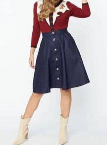 Unique Vintage Denim Rhinestone Button Up Swing Skirt with Pockets S