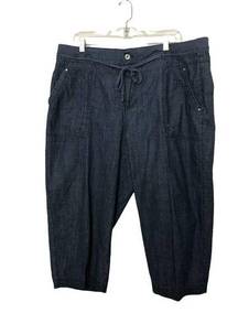 White & Tag 100% Cotton Cropped Blue Pants 18 Blue Elastic Waistband Side Pocket