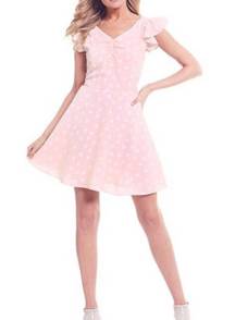 GB Gianni Bini Ruffle Flutter Sleeve Tie Polka Dot Mini Dress Pink White Medium