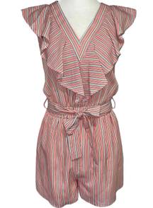 New  Striped Ruffle Romper Pink Flutter Trim V-Neck Belted Waist