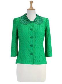 Eshakti Kelly Green Eyelet Pointelle Peter Pan Collar Swing Jacket NWOT 2X 22W