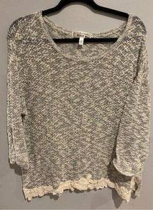 3XL BOHO Knit Lace Top- DEREK HEART Grey/Cream Semi Sheer Stretch L/S EUC Womens