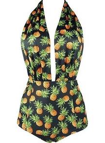 Retro CocoShip Black High Waist Backless Pineapple Print Halter Neck Top