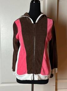 ELLA MOSS RETRO PINK BROWN WHITE COLOR BLOCK TERRY CLOTH ZIP UP HOODIE