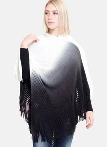 Black Ombre Waffle Knit Poncho With Fringe Tassels