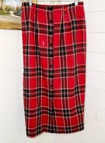 Pine Cove Vintage Red Wallace Tartan Plaid Midi Skirt Button Front Size 8