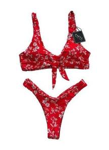 Zaful  Bikini Set Red White Floral Knot Cheeky Two Piece Swim Bikini Size 4 NEW