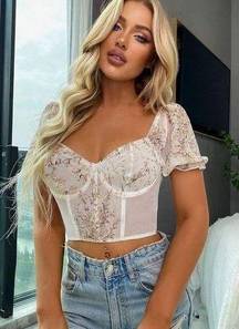 Floral Lace Puff Sleeve Sweetheart Neck Bustier Corset Crop Top