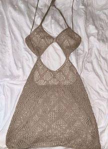 Tan Crochet Knit Mini Dress Bikini Coverup