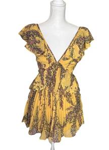 Keepsake the Label Light Up Mustard Yellow Floral Print Romper Pleated Ruffle XS